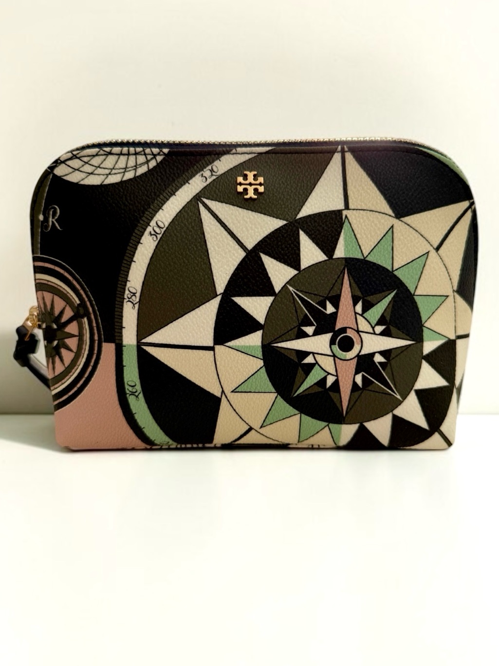 Tory Burch Constellation Print Leather Cosmetic Case Forest Green Ivory Pink